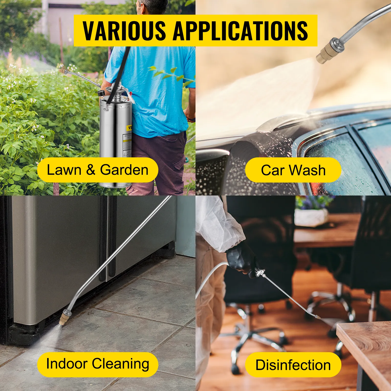 various applications of the VEVOR stainless steel sprayer: lawn & garden, car wash, indoor cleaning, disinfection.