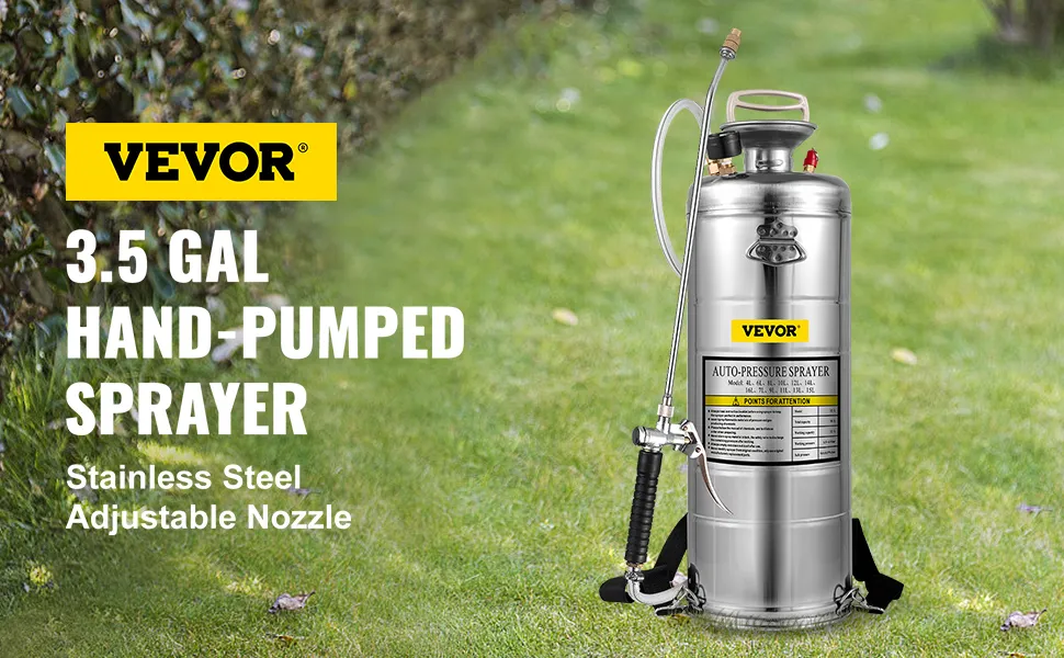 VEVOR stainless steel sprayer on green grass, 3.5 gal hand-pumped with adjustable nozzle.