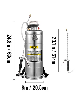 VEVOR stainless steel sprayer with handle, hose, and measurement details.