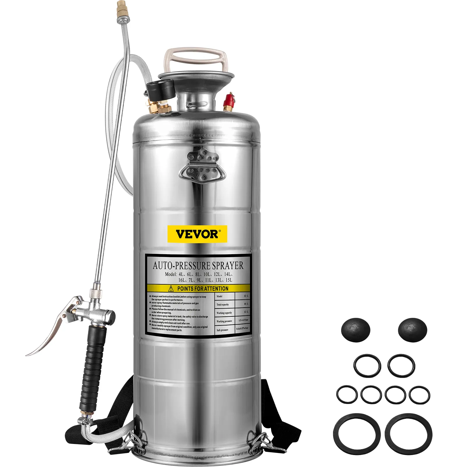 VEVOR stainless steel sprayer with hose, handle, and additional o-rings set.