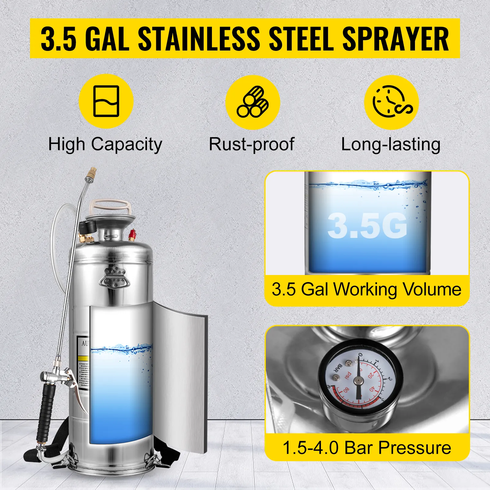 VEVOR stainless steel sprayer, 3.5 gal capacity, rust-proof, long-lasting, 1.5-4.0 bar pressure