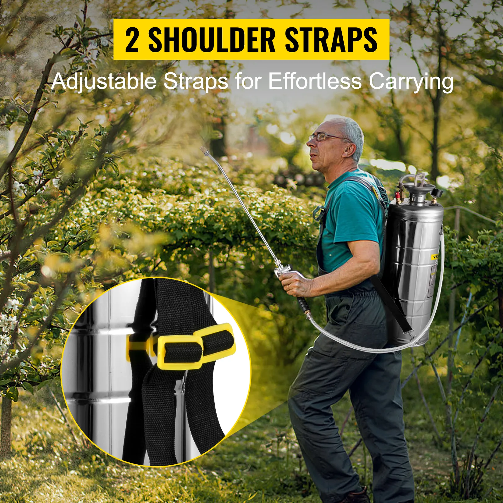 gardener using VEVOR stainless steel sprayer with two adjustable shoulder straps.