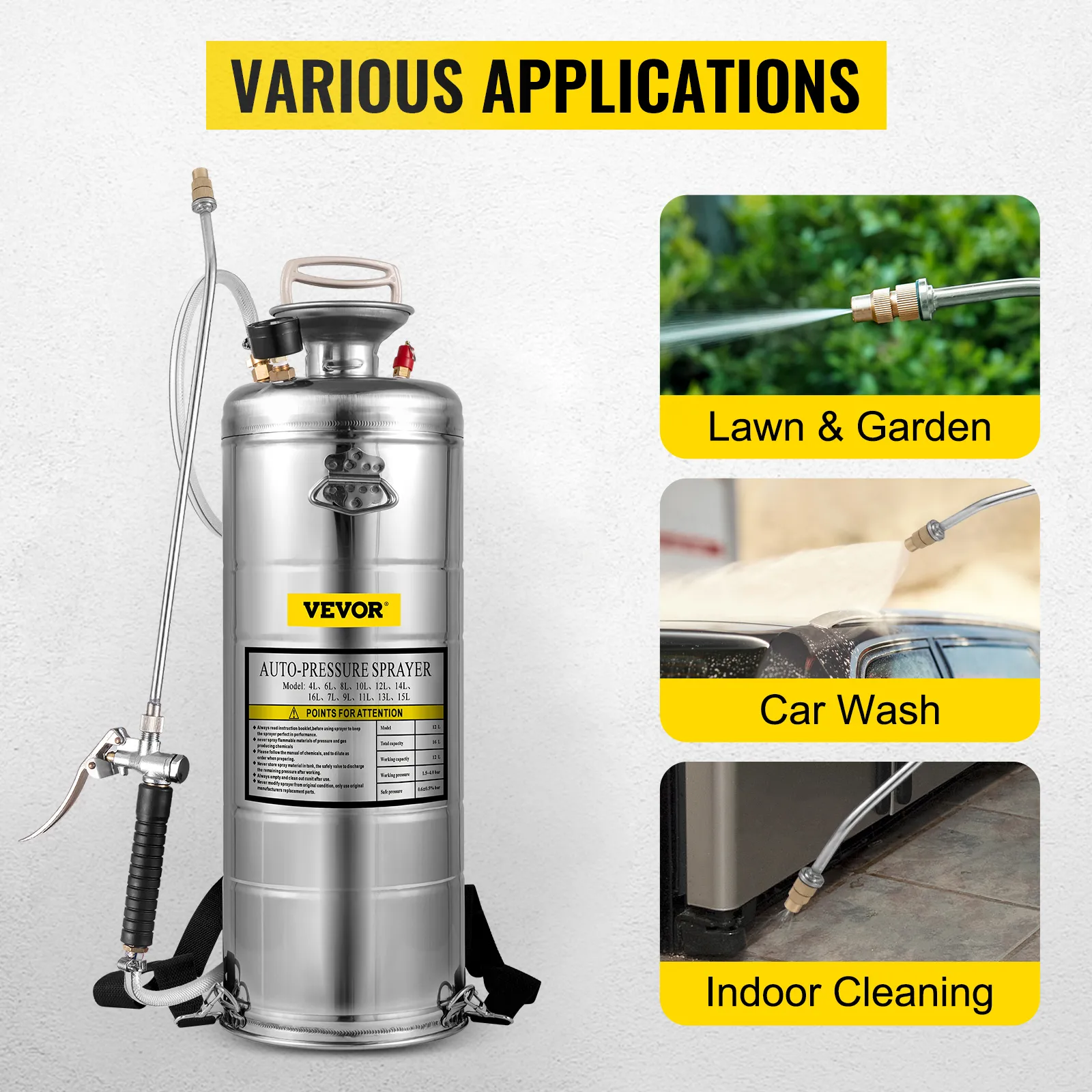 VEVOR stainless steel sprayer for lawn, garden, car wash, and indoor cleaning applications.