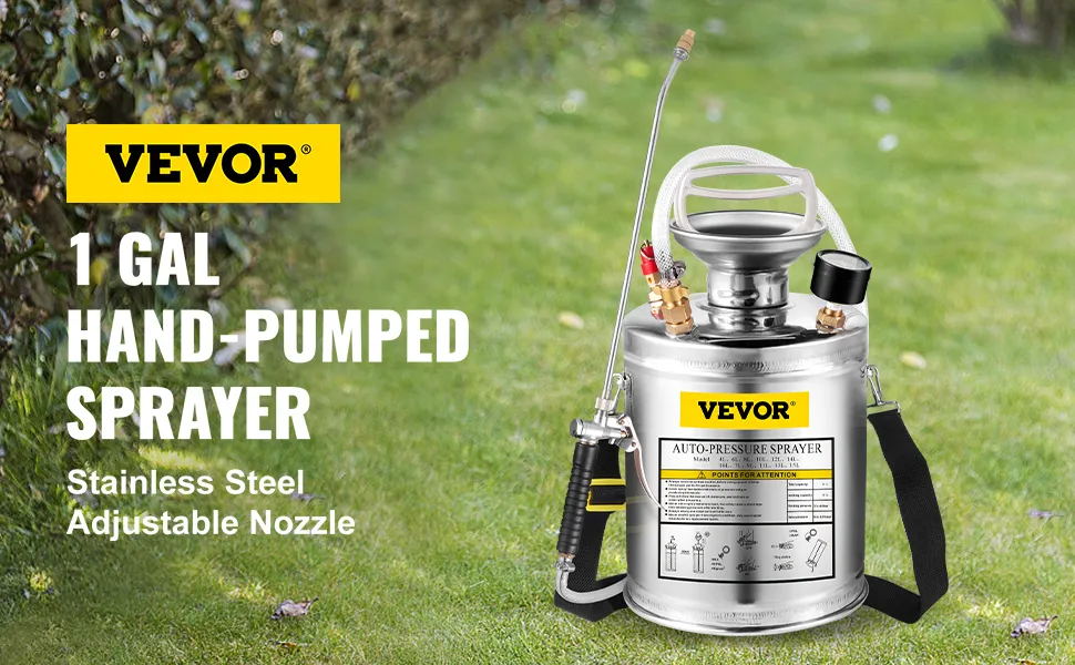 VEVOR hand pump sprayer in stainless steel on a grassy lawn with adjustable nozzle.