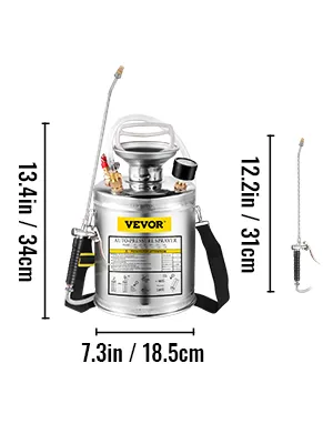 VEVOR hand pump sprayer with measurements, stainless steel tank, and adjustable nozzle.
