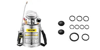VEVOR hand pump sprayer with nozzles and gaskets displayed beside it.