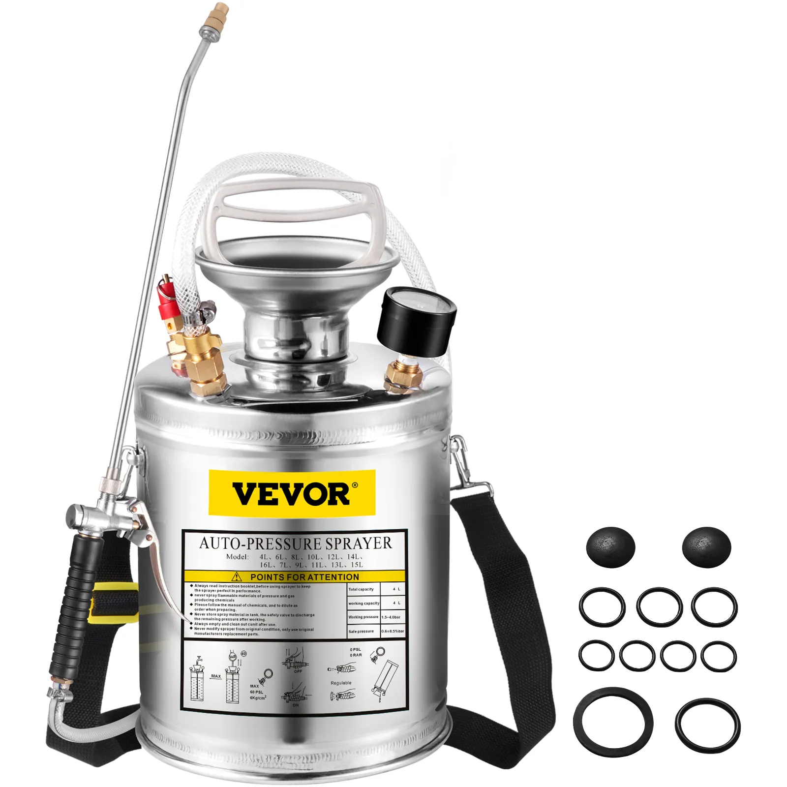 VEVOR hand pump sprayer with stainless steel tank and various accessory parts.