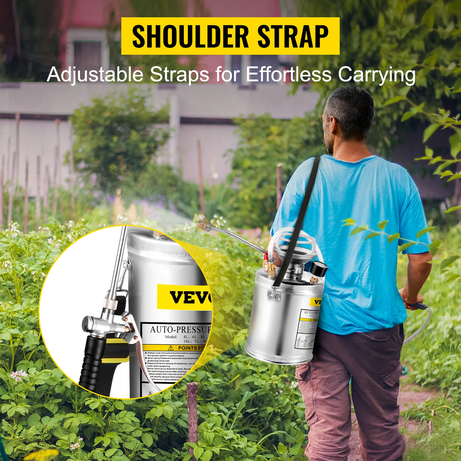 man carrying VEVOR hand pump sprayer with adjustable shoulder strap in garden.