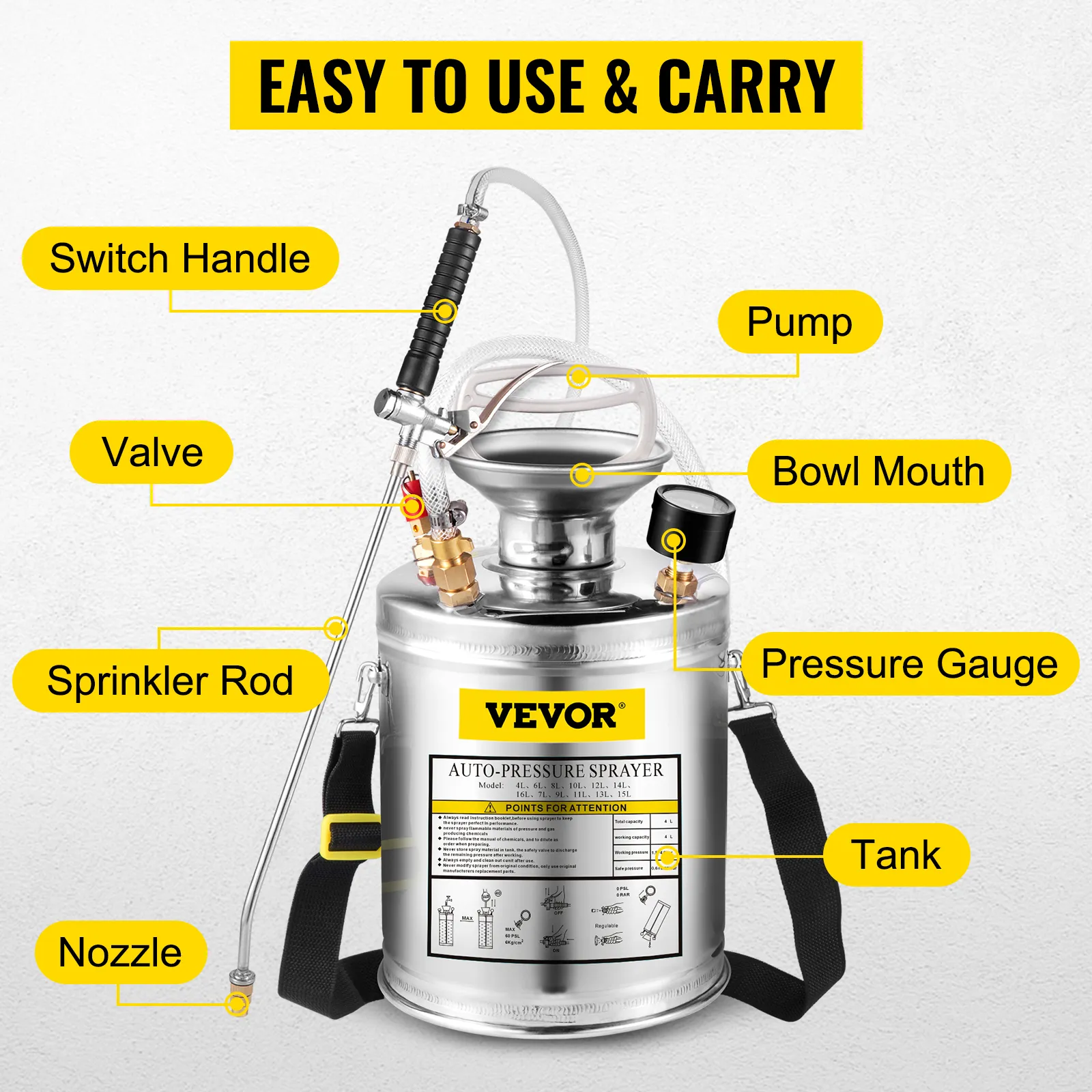 VEVOR hand pump sprayer with switch handle, valve, pump, tank, and pressure gauge.