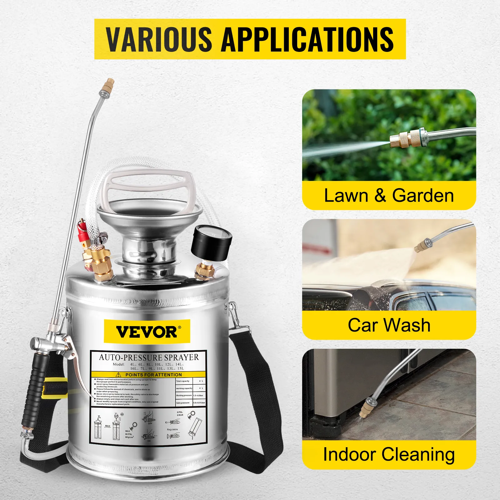 VEVOR hand pump sprayer for lawn and garden, car wash, and indoor cleaning.