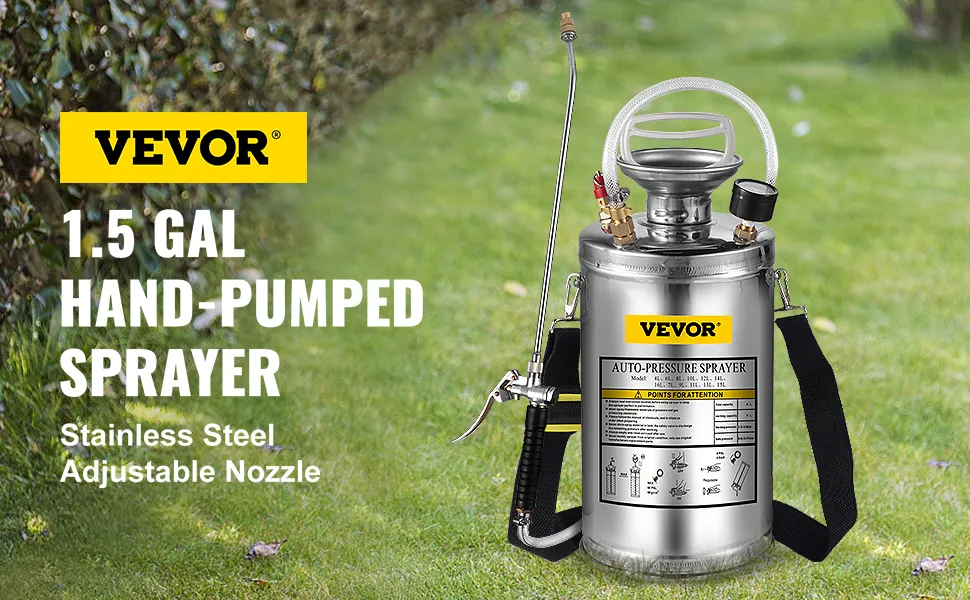 VEVOR stainless steel hand pump sprayer, 1.5-gal with adjustable nozzle in garden.