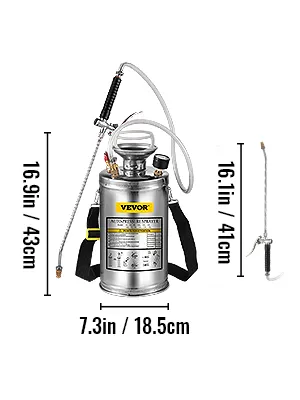 VEVOR stainless steel hand pump sprayer with dimensions and wand.