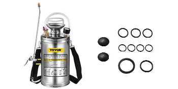 VEVOR stainless steel hand pump sprayer with accessories and shoulder strap.