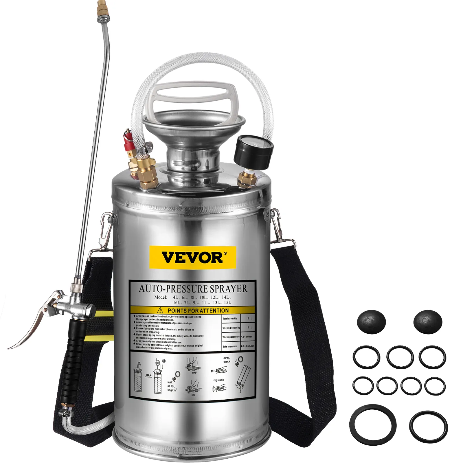 VEVOR stainless steel hand pump sprayer with accessories and shoulder strap.