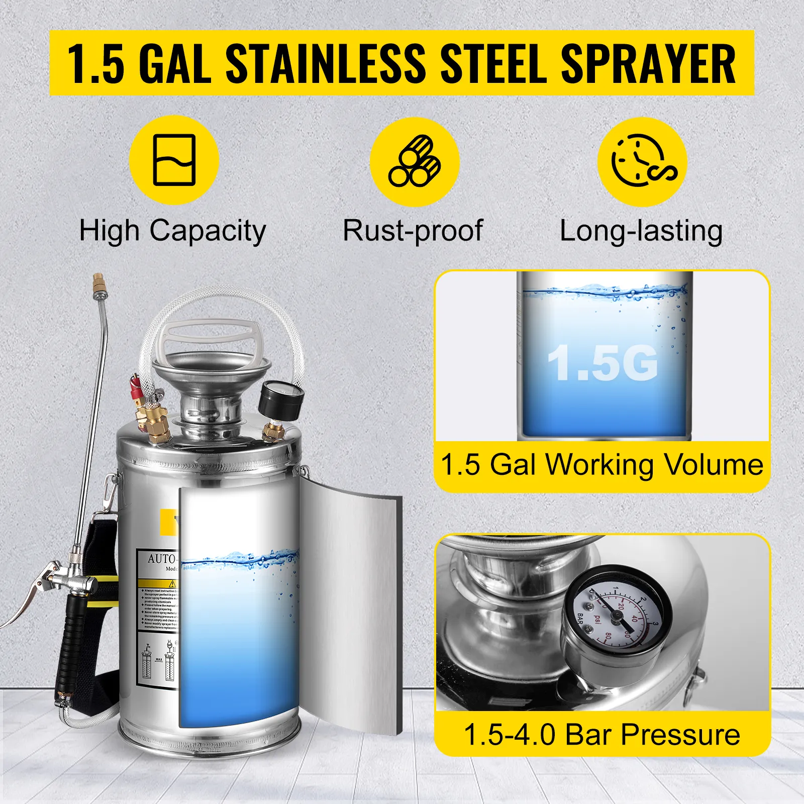 VEVOR stainless steel hand pump sprayer, 1.5 gal capacity, rust-proof, long-lasting.
