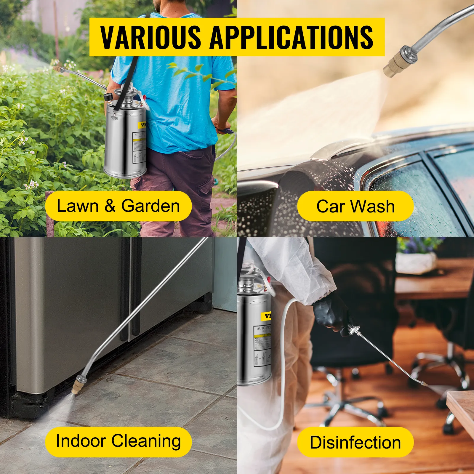 VEVOR stainless steel hand pump sprayer for lawn, car wash, indoor cleaning, disinfection.