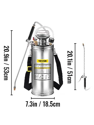 Spruzzatore VEVOR in acciaio inox, altezza 20,9 pollici, base 7,3 pollici, con tubo flessibile e ugello collegati.