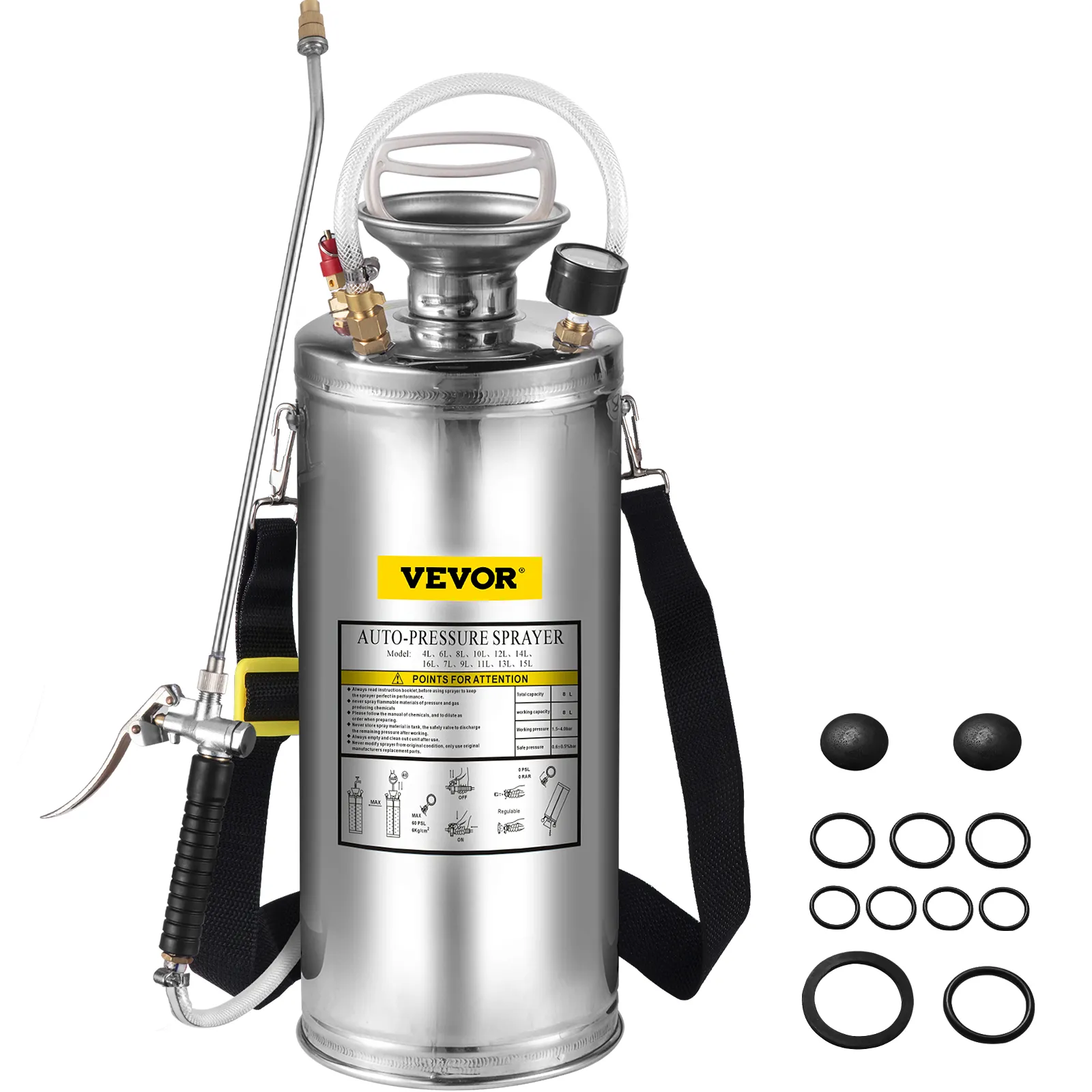 Spruzzatore VEVOR in acciaio inox con tubo flessibile, maniglia, tracolla e guarnizioni di ricambio.