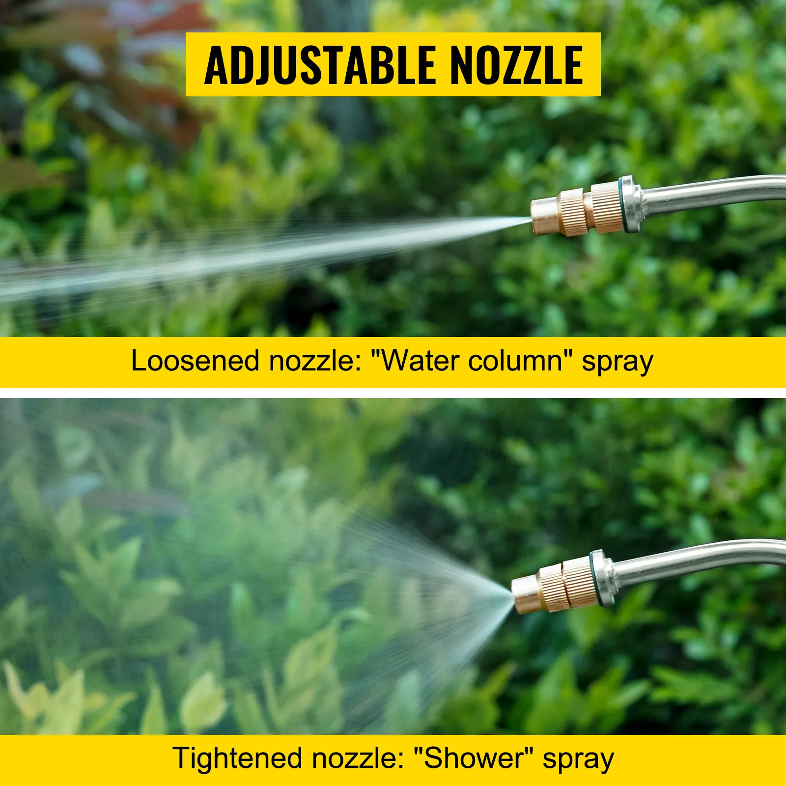 Spruzzatore VEVOR in acciaio inox con ugello regolabile che mostra la colonna d'acqua e i getti della doccia.