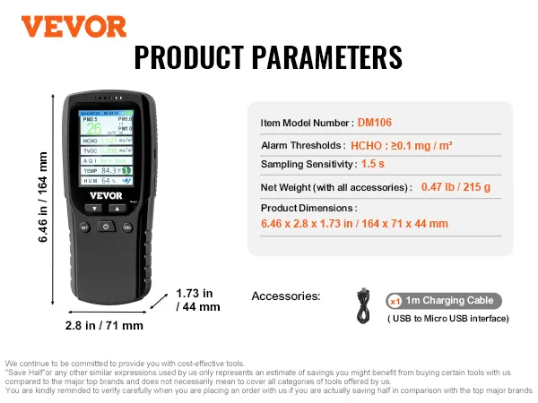 VEVOR luchtkwaliteitsmonitor dm106 met display, afmetingen, alarmdrempels en 1m oplaadkabel.