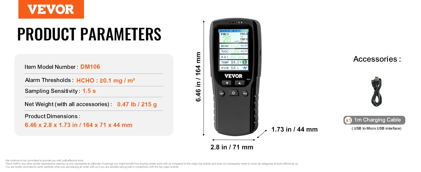 VEVOR luchtkwaliteitsmonitor dm106 met display, afmetingen, alarmdrempels en 1m oplaadkabel.