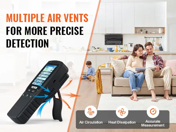 VEVOR-luchtkwaliteitsmonitor in een woonkamer en keuken, met aandacht voor luchtcirculatie, warmteafvoer en nauwkeurige meting.
