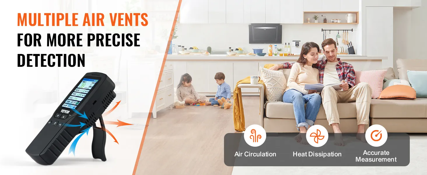 VEVOR-luchtkwaliteitsmonitor in een woonkamer en keuken, met aandacht voor luchtcirculatie, warmteafvoer en nauwkeurige meting.