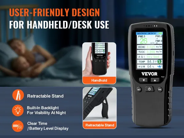 VEVOR luchtkwaliteitsmonitor met uitschuifbare standaard, ingebouwde achtergrondverlichting en duidelijk batterijdisplay.