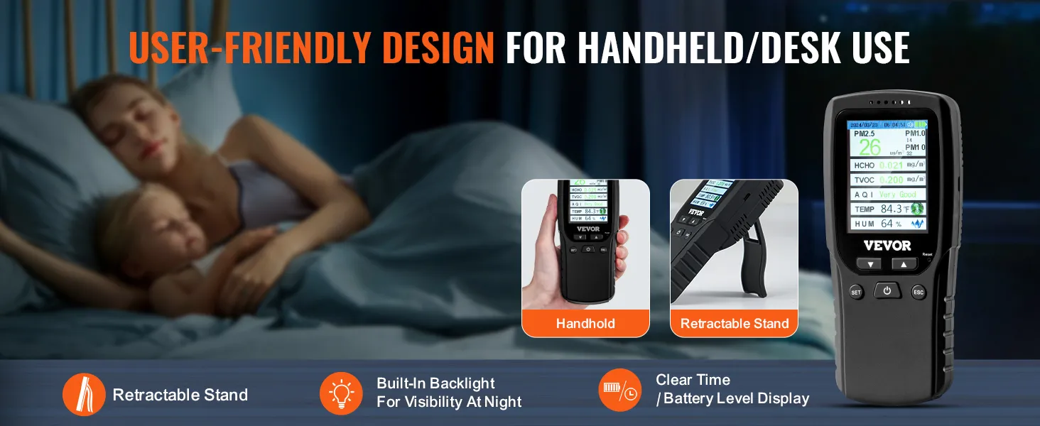 VEVOR luchtkwaliteitsmonitor met uitschuifbare standaard, ingebouwde achtergrondverlichting en duidelijk batterijdisplay.