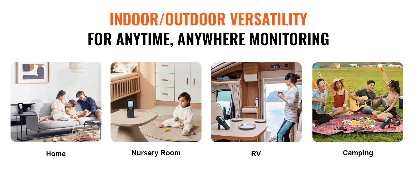 VEVOR-luchtkwaliteitsmonitor met veelzijdige binnen- en buitenfuncties voor thuis, in de kinderkamer, op de camping en in de camper.