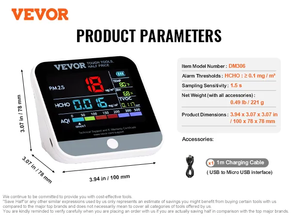 VEVOR luchtkwaliteitsmonitor DM306, 3,94 x 3,07 x 3,07 inch, met 1 m USB-oplaadkabel, geeft PM2.5, HCHO, TVOC en AQI weer.