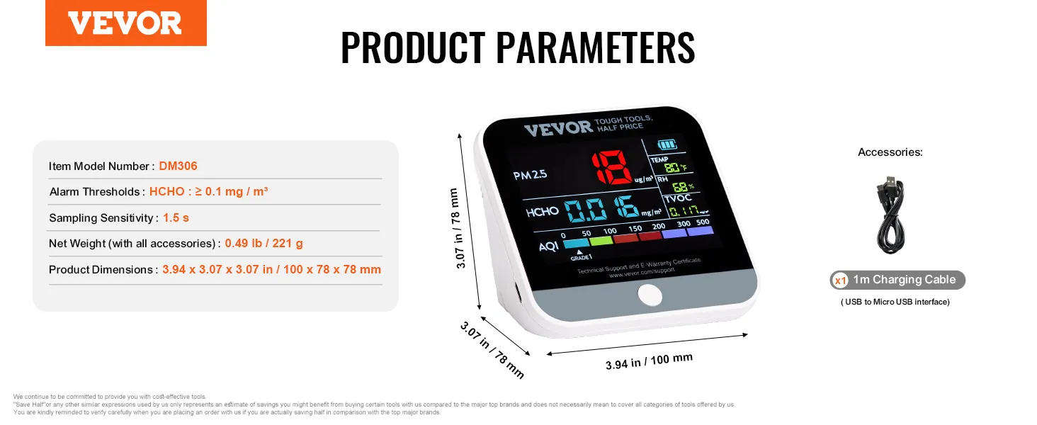 VEVOR luchtkwaliteitsmonitor DM306, 3,94 x 3,07 x 3,07 inch, met 1 m USB-oplaadkabel, geeft PM2.5, HCHO, TVOC en AQI weer.