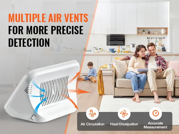 VEVOR-luchtkwaliteitsmonitor met weergave van luchtroosters, luchtcirculatie, warmteafvoer en nauwkeurige meetindicatoren.