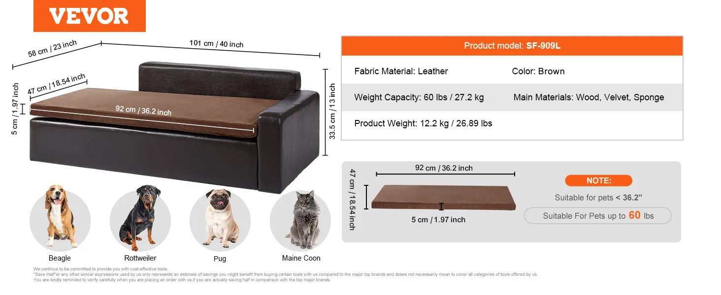 VEVOR hondenbank, zwart leer, houten frame, draagvermogen 49 kg, 92 x 47 cm, met illustraties van honden en katten.