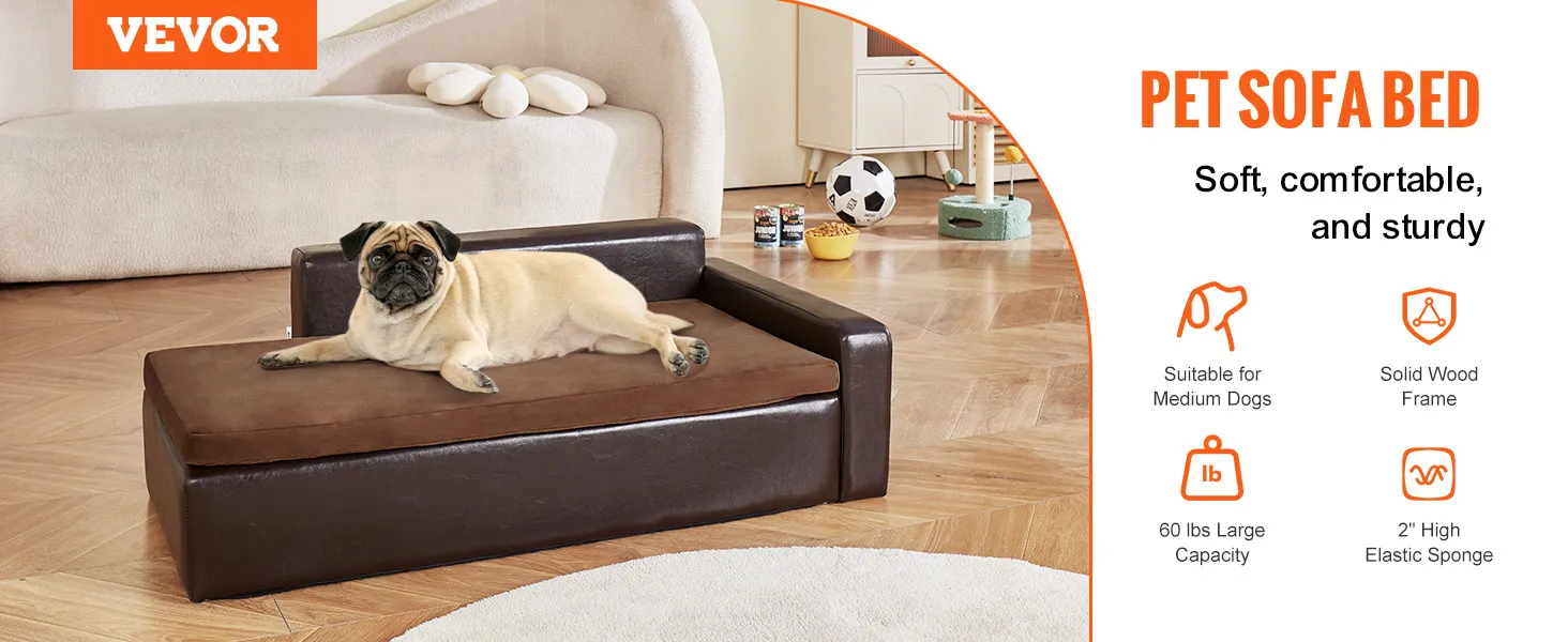 VEVOR hondenbank met een grote hond die ontspant op een bruin-zwarte hondenslaapbank in een gezellige woonkamer.