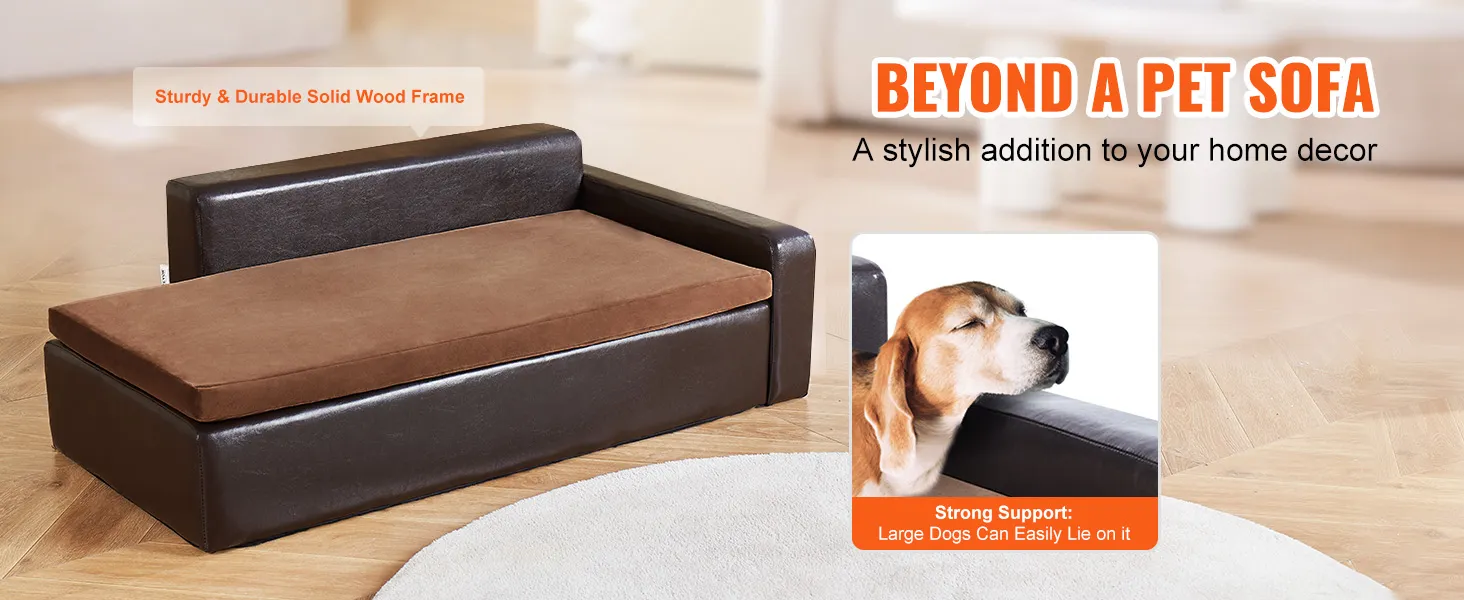 Stevige en stijlvolle VEVOR hondenbank met massief houten frame, perfect voor grote honden in een modern interieur.