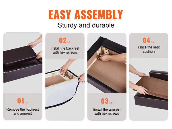 Eenvoudige montage van de VEVOR hondenbank, met uitleg over het installeren van de rugleuning, armleuning en het plaatsen van het zitkussen.