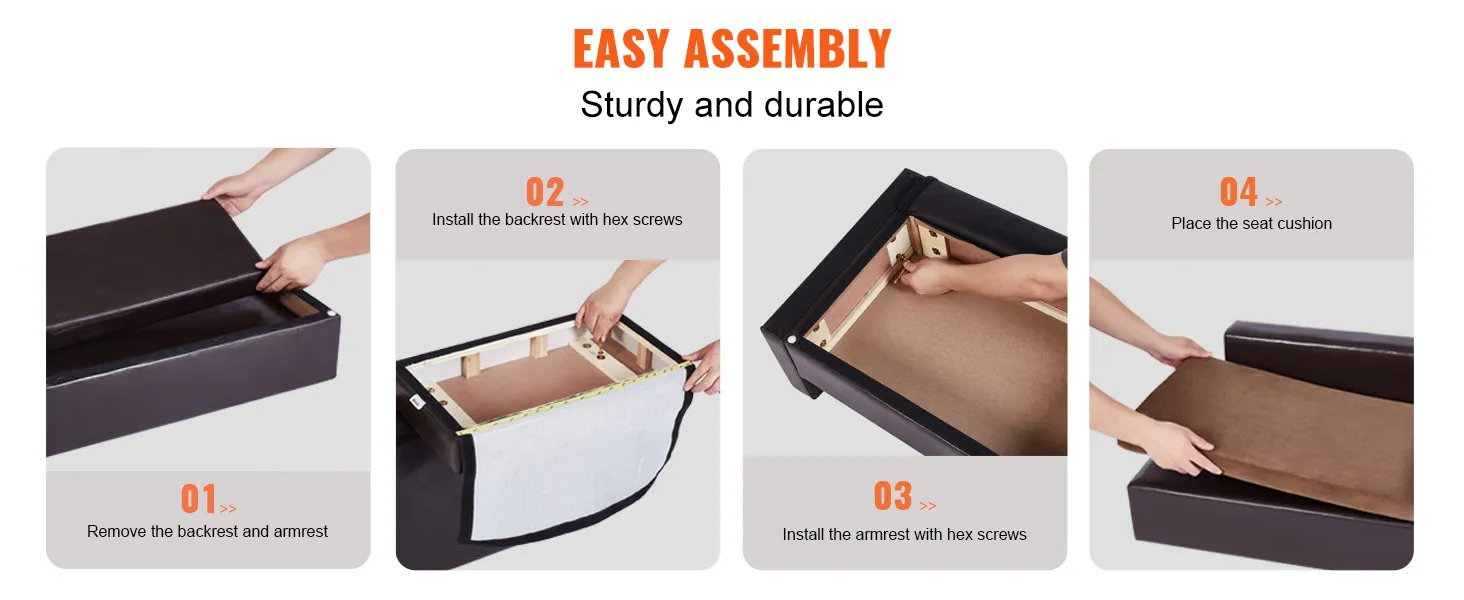 Eenvoudige montage van de VEVOR hondenbank, met uitleg over het installeren van de rugleuning, armleuning en het plaatsen van het zitkussen.