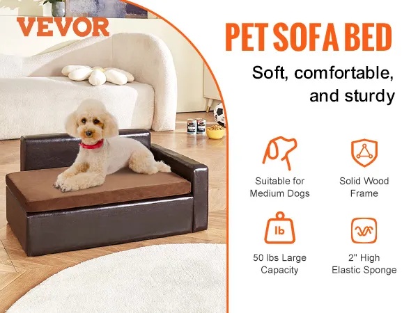 VEVOR pet sofa bed with a poodle, showcasing comfort, brown cushion, and sturdy design on wooden floor.