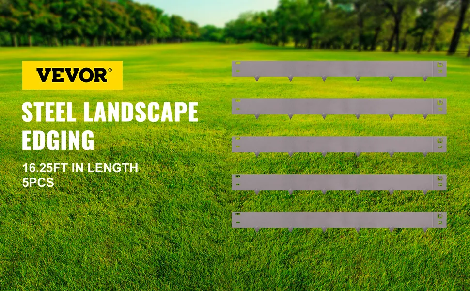 VEVOR steel lawn edging in green field, 5pcs, 16.25ft length.