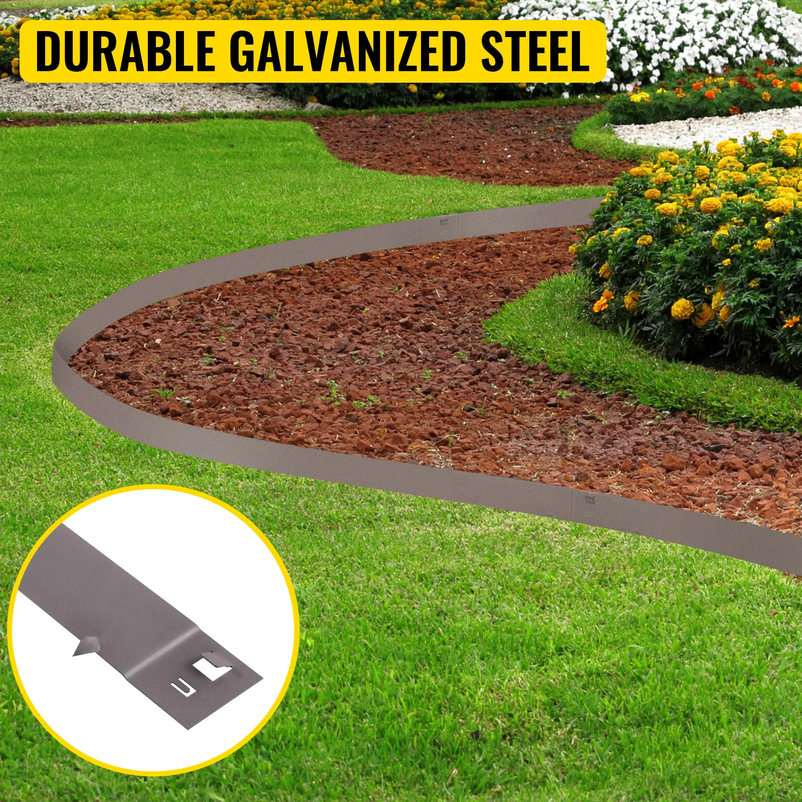 durable VEVOR steel lawn edging defines garden border with mulch, flowers, and green grass.