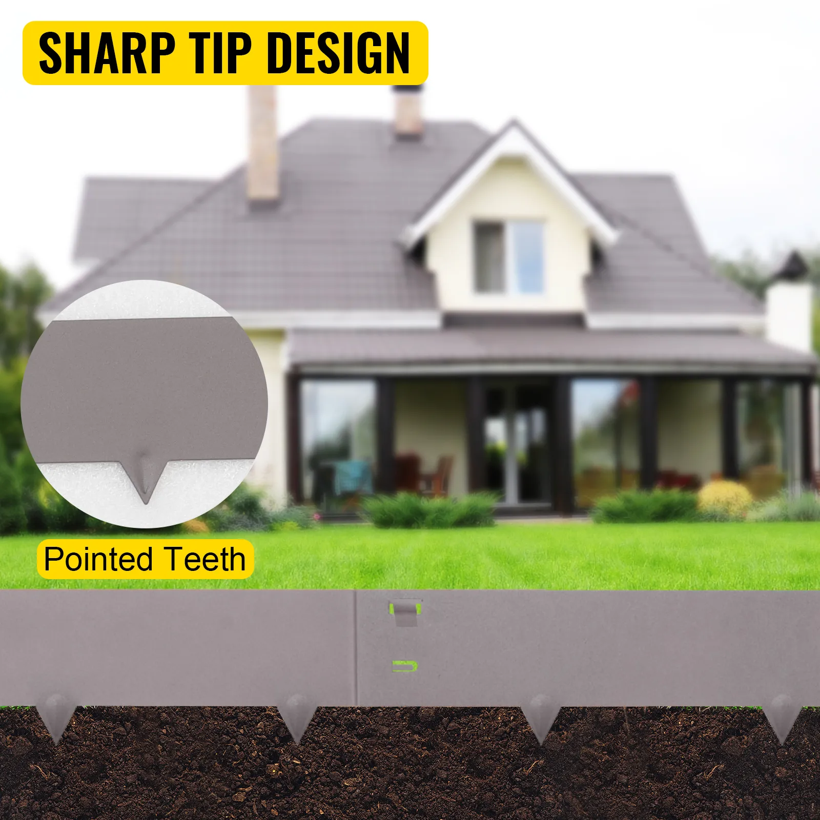 VEVOR steel lawn edging with pointed teeth and a blurred house in the background.