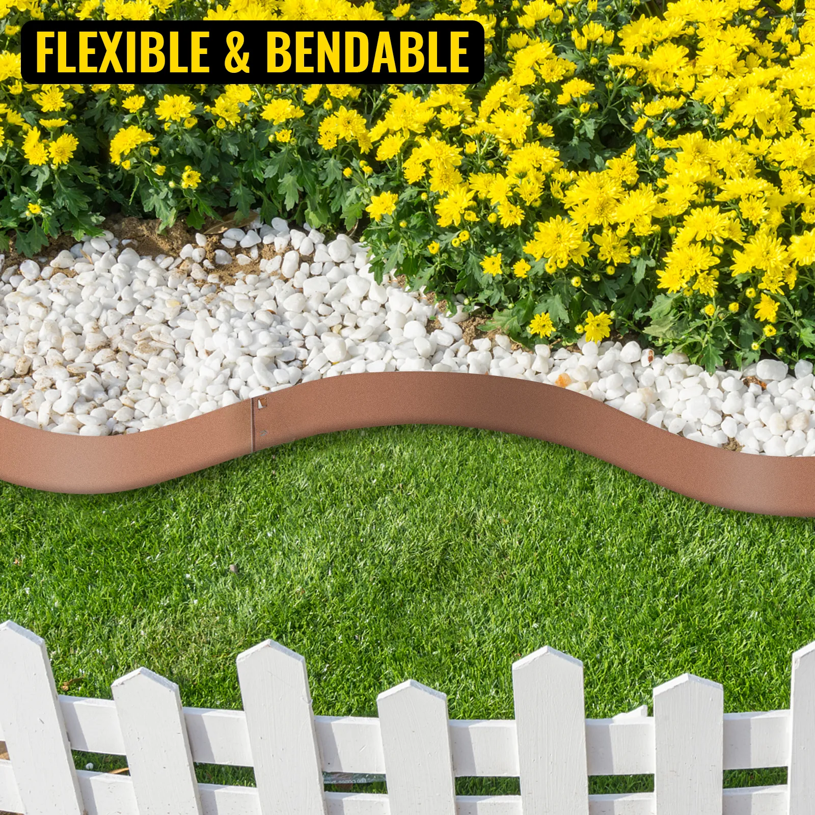 VEVOR steel lawn edging with white stones, flowers, and green grass. flexible & bendable.