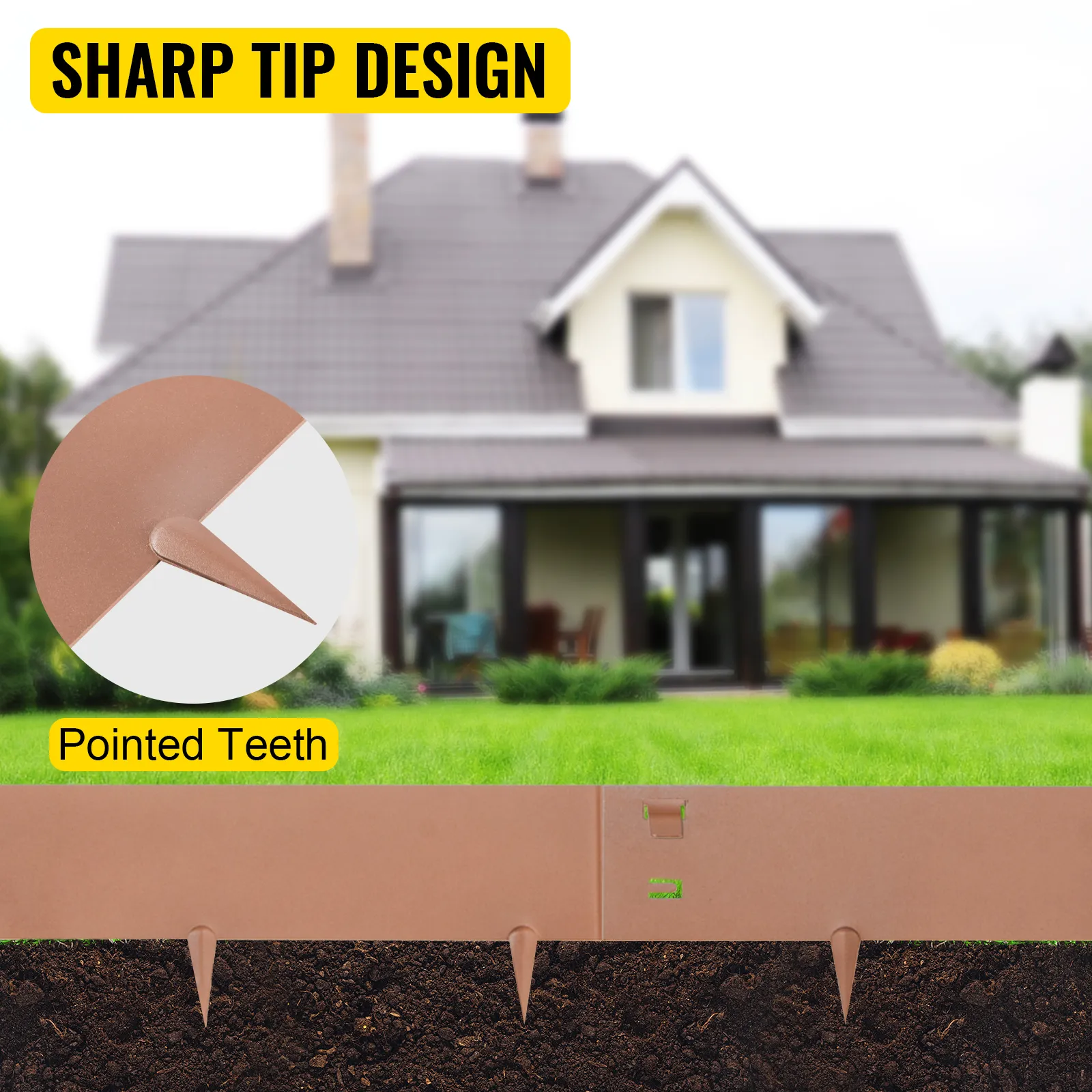 VEVOR steel lawn edging with sharp tip design and pointed teeth in front of a house.