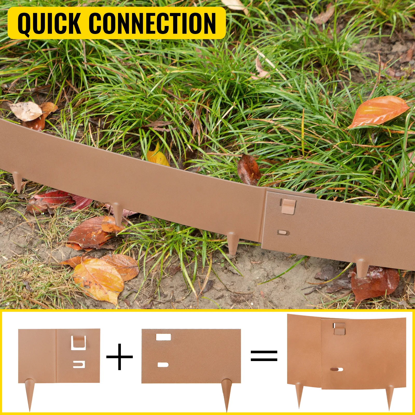 VEVOR steel lawn edging with quick connection, installed in grassy soil.