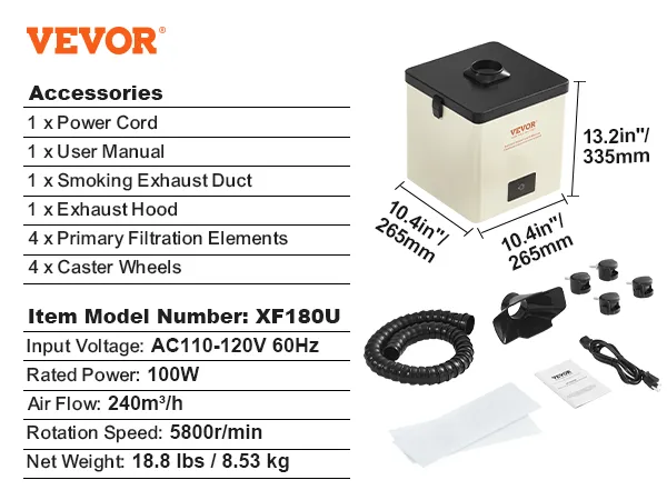 VEVOR solder fume extractor xf180u specifications and accessories including power cord and exhaust duct.