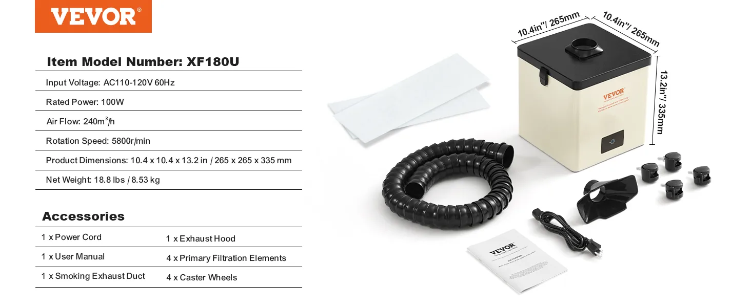 VEVOR solder fume extractor xf180u specifications and accessories including power cord and exhaust duct.