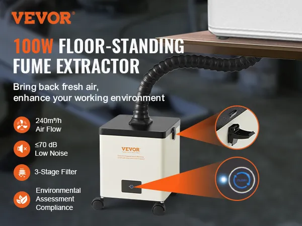 VEVOR solder fume extractor, 100w, 240m³/h air flow, ≤70 db, rolling base, flexible hose.