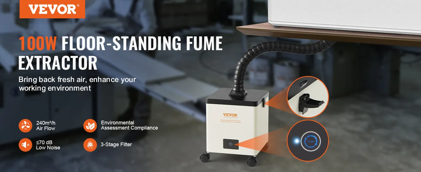 VEVOR solder fume extractor, 100w, 240m³/h air flow, ≤70 db, rolling base, flexible hose.