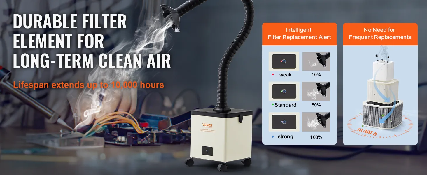 VEVOR solder fume extractor with durable filter for long-term clean air, lifespan 10,000 hours.